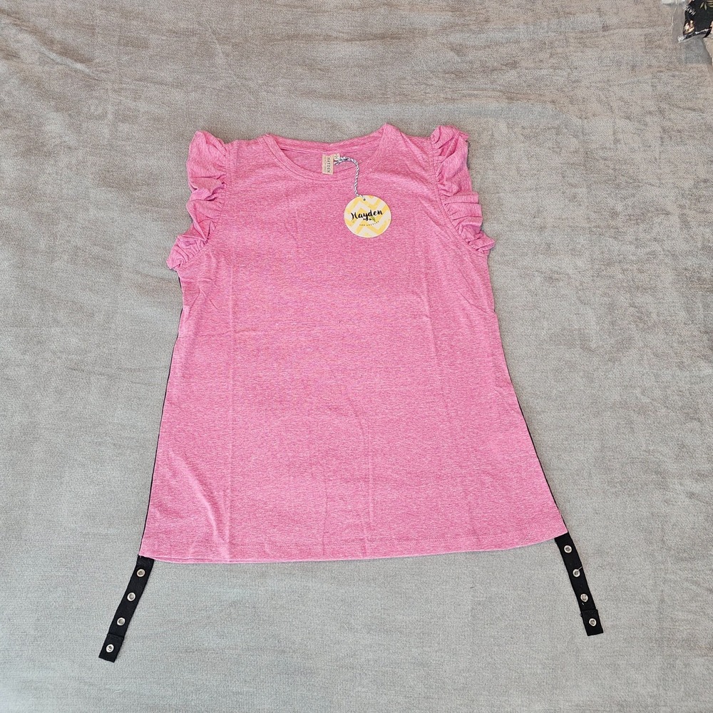 Hayden L.A Women's Pink Ruffle Cap Short Sleeve Tie Tape Side Top NWT Small - Picture 7 of 14